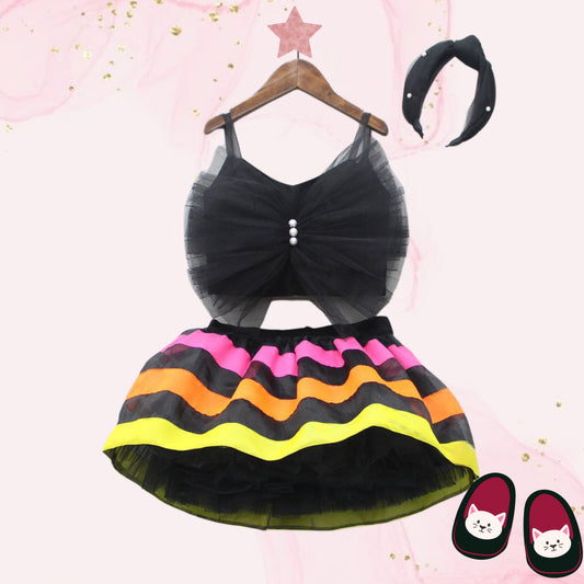Black Frilly Bow Top And Multi Colour Lace Applique Skirt With Matching Pearl Work Hair Band