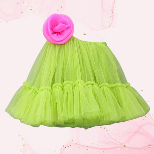 Contrasting Rose Adorned One Shoulder Green Dress